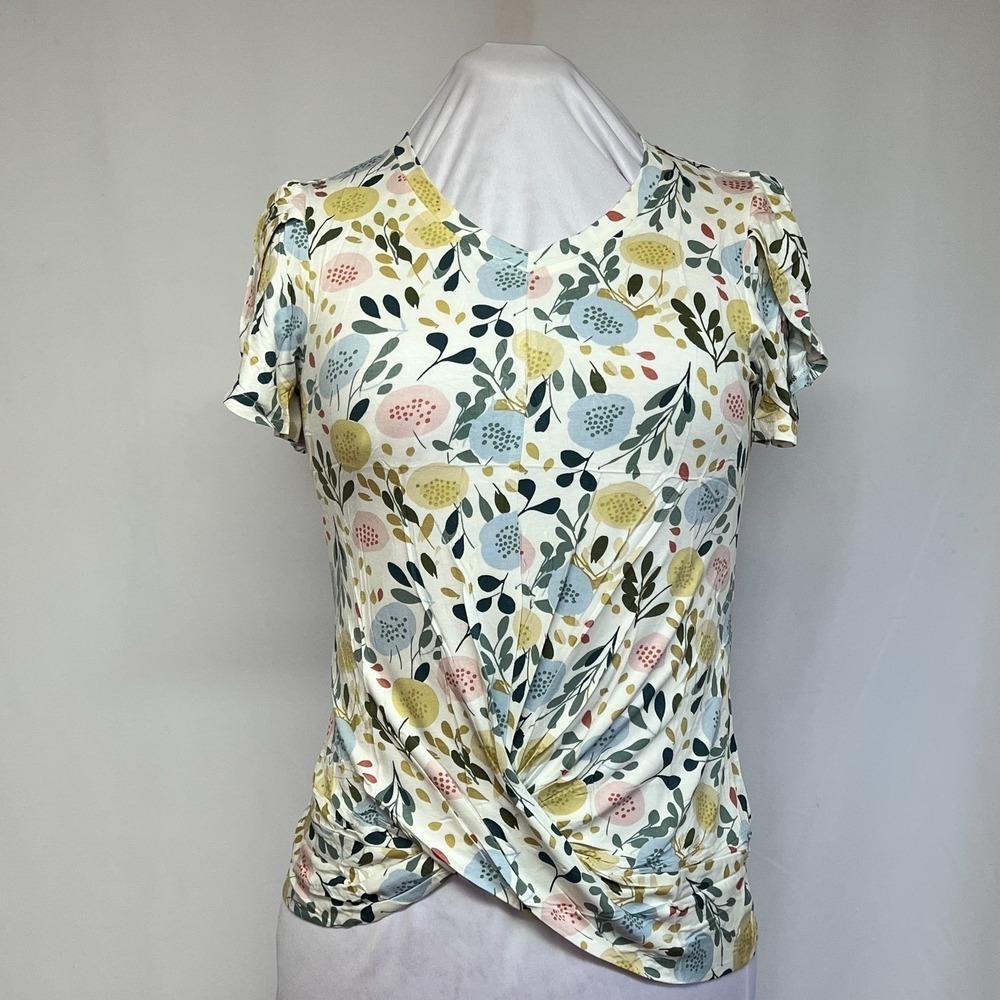Addtoo Women Floral Twist Front Short Sleeve Top White Botanical Print Small NWT